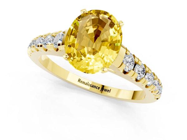 Yellow gold Oval Cut Yellow Sapphire Cathedral Solitaire Ring with Round  Pavé Band