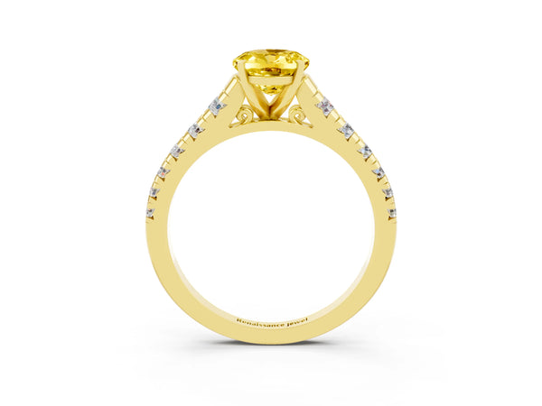 Yellow gold Oval Cut Yellow Sapphire Cathedral Solitaire Ring with Round  Pavé Band