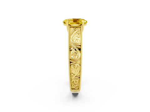 Yellow gold Oval Cut Yellow Sapphire Solitaire Ring with Engraved Band and Four-Prong Setting_2