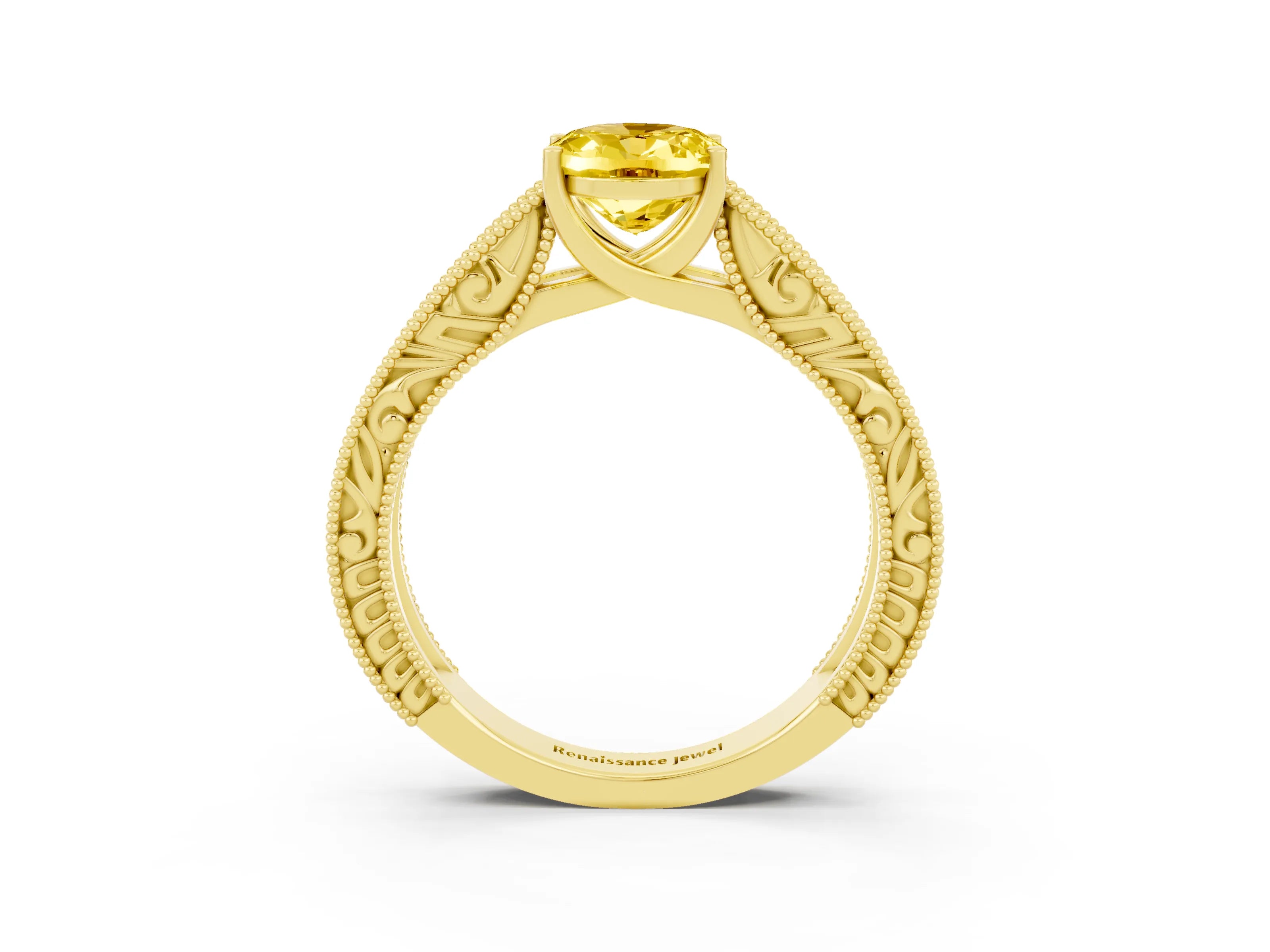 Yellow gold Oval Cut Yellow Sapphire Solitaire Ring with Engraved Band and Four-Prong Setting_3