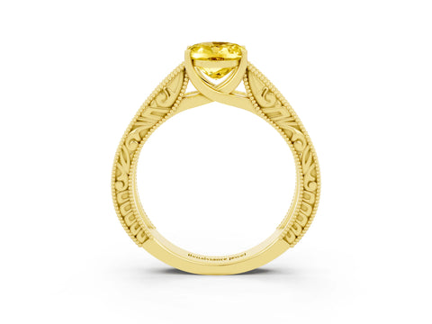 Yellow gold Oval Cut Yellow Sapphire Solitaire Ring with Engraved Band and Four-Prong Setting_3