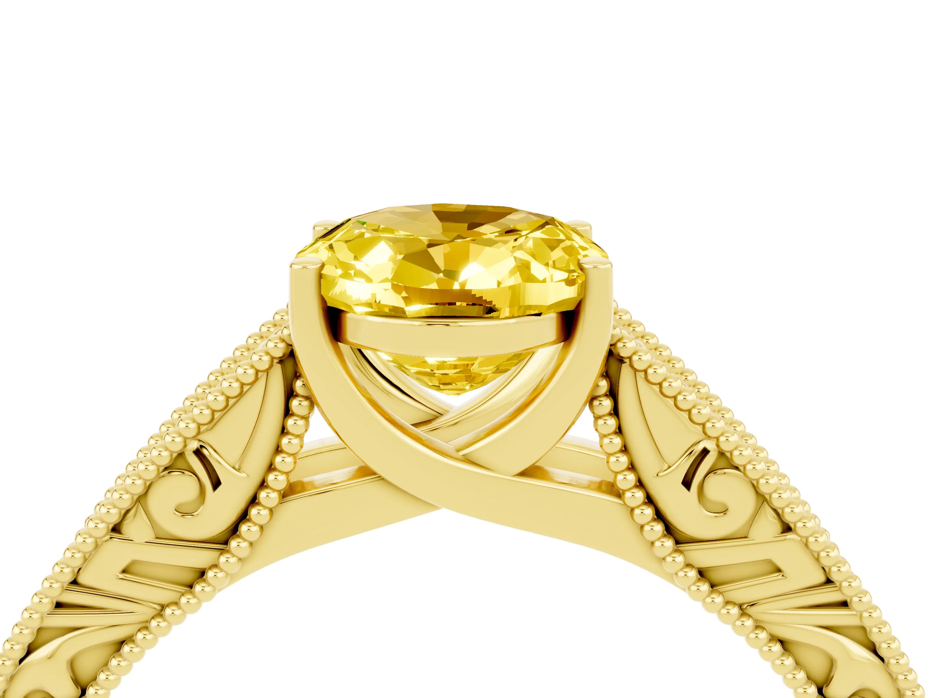 Yellow gold Oval Cut Yellow Sapphire Solitaire Ring with Engraved Band and Four-Prong Setting_4