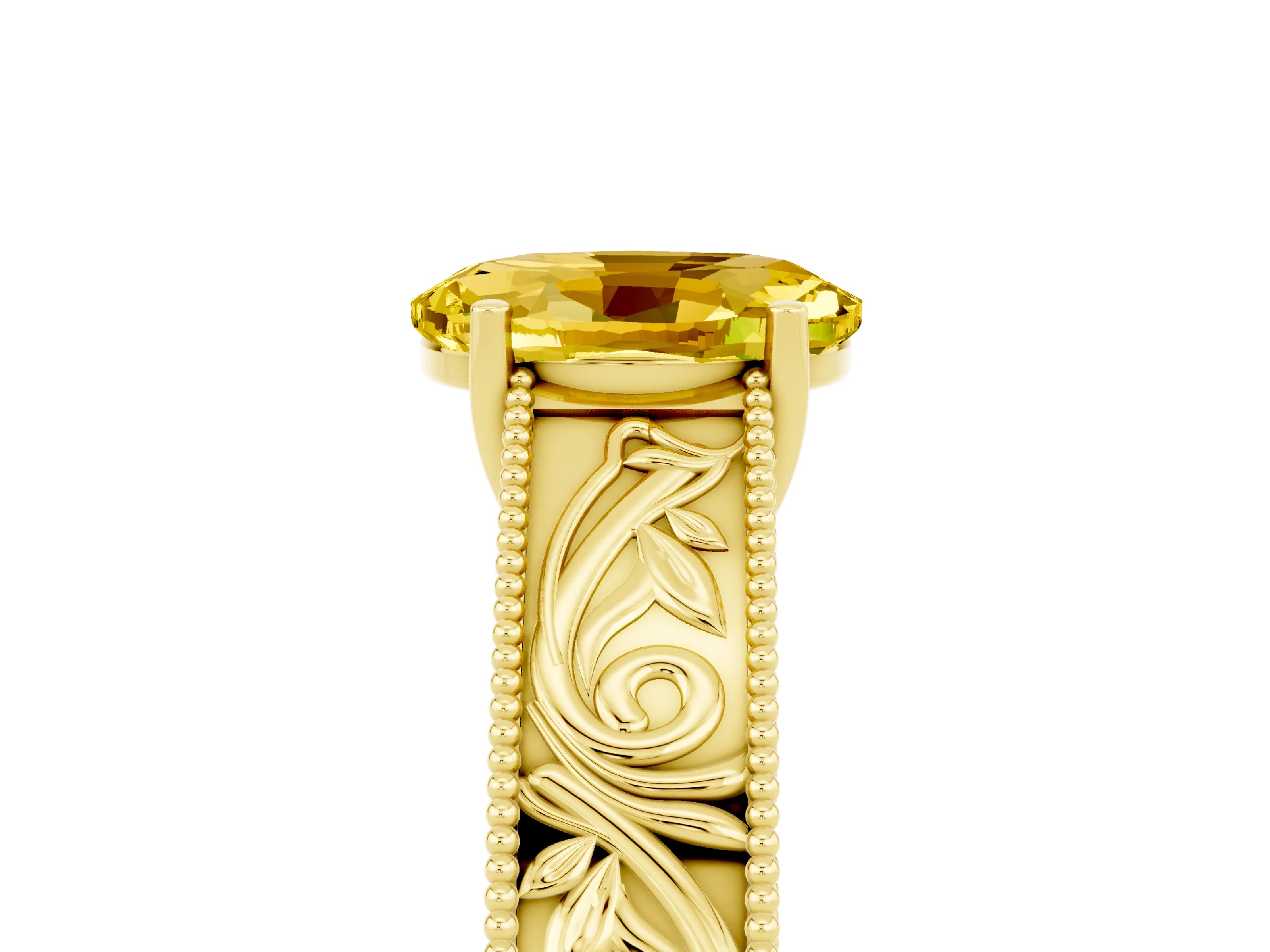 Yellow gold Oval Cut Yellow Sapphire Solitaire Ring with Engraved Band and Four-Prong Setting_5