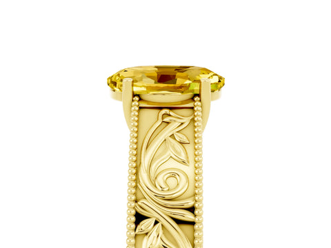Yellow gold Oval Cut Yellow Sapphire Solitaire Ring with Engraved Band and Four-Prong Setting_5