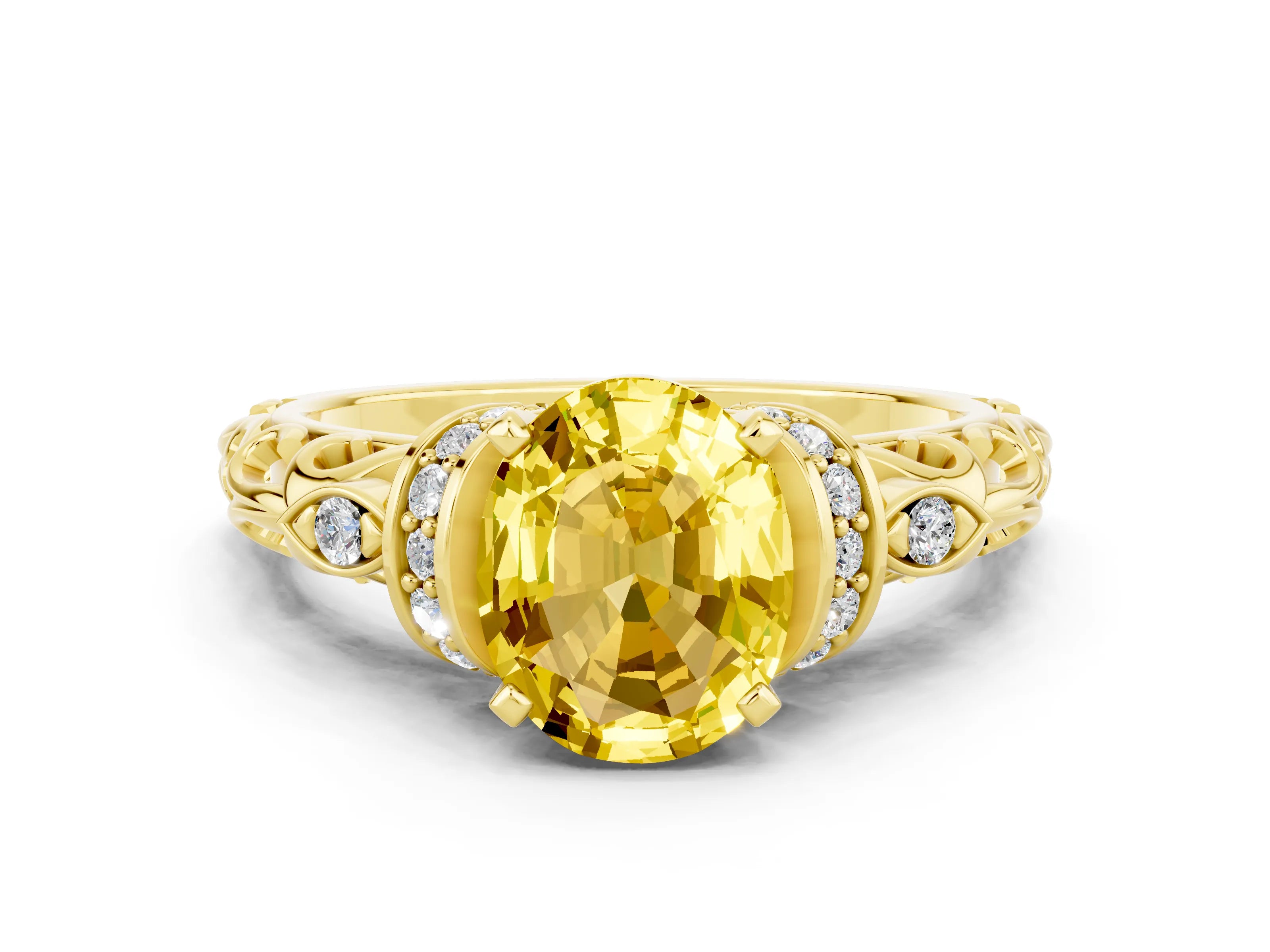 Yellow gold Oval Cut Yellow Sapphire Solitaire Ring with Filigree Band and Four-Prong Setting_48
