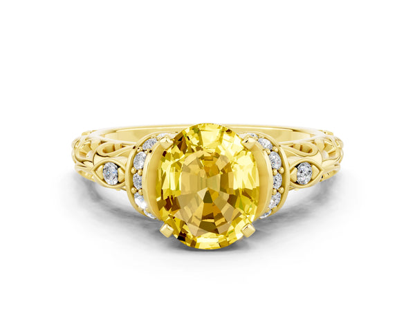 Yellow gold Oval Cut Yellow Sapphire Solitaire Ring with Filigree Band and Four-Prong Setting