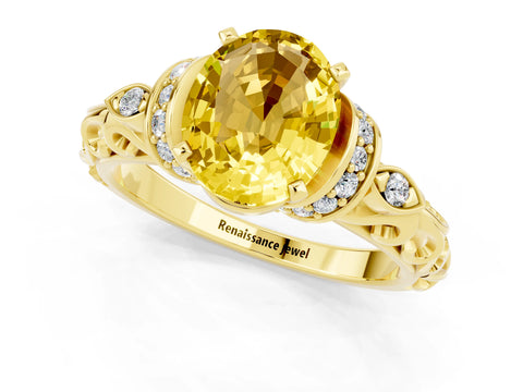 Yellow gold Oval Cut Yellow Sapphire Solitaire Ring with Filigree Band and Four-Prong Setting_49