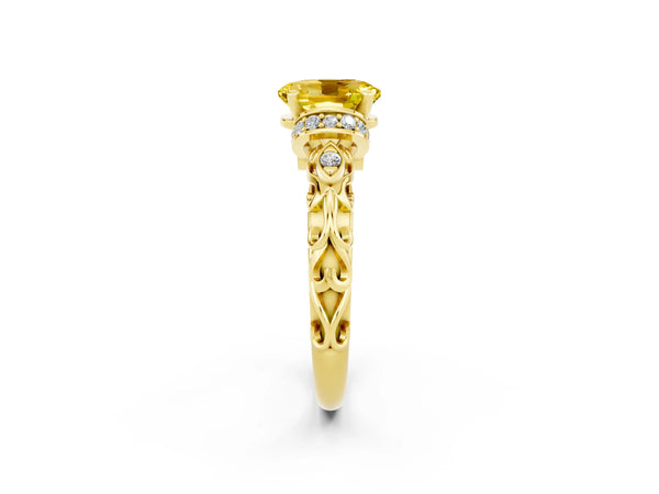 Yellow gold Oval Cut Yellow Sapphire Solitaire Ring with Filigree Band and Four-Prong Setting