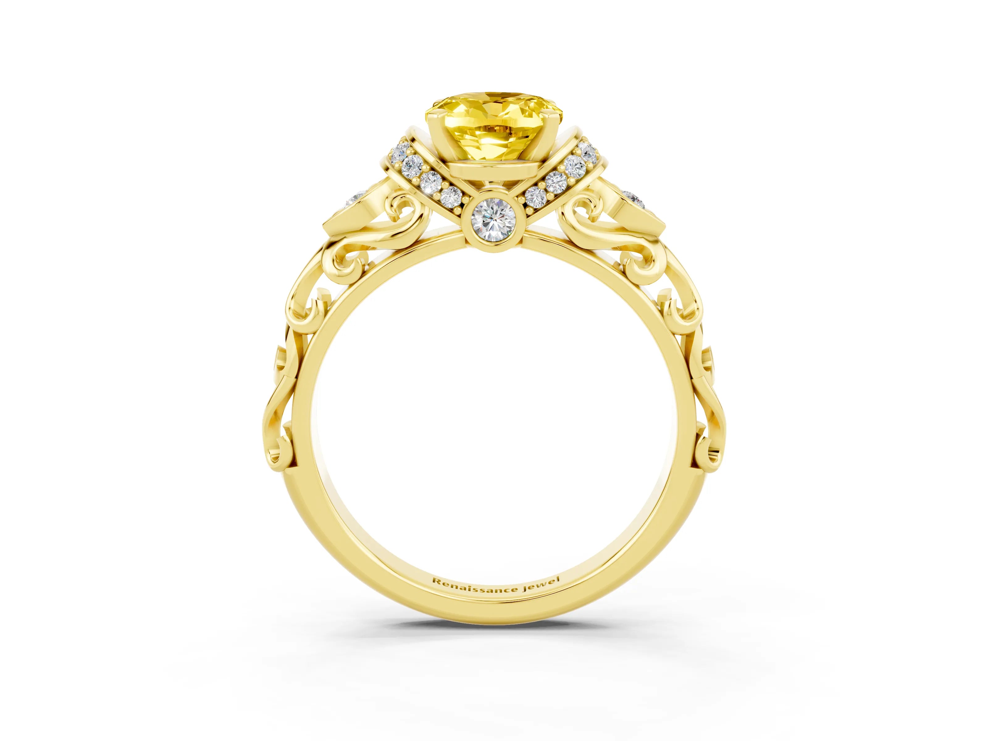 Yellow gold Oval Cut Yellow Sapphire Solitaire Ring with Filigree Band and Four-Prong Setting_51