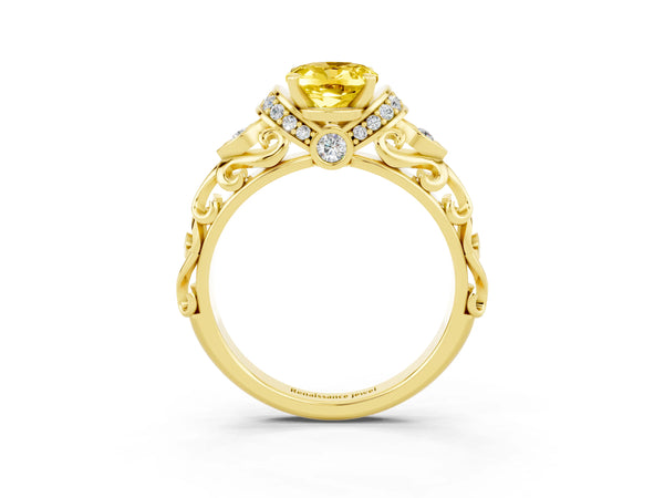 Yellow gold Oval Cut Yellow Sapphire Solitaire Ring with Filigree Band and Four-Prong Setting