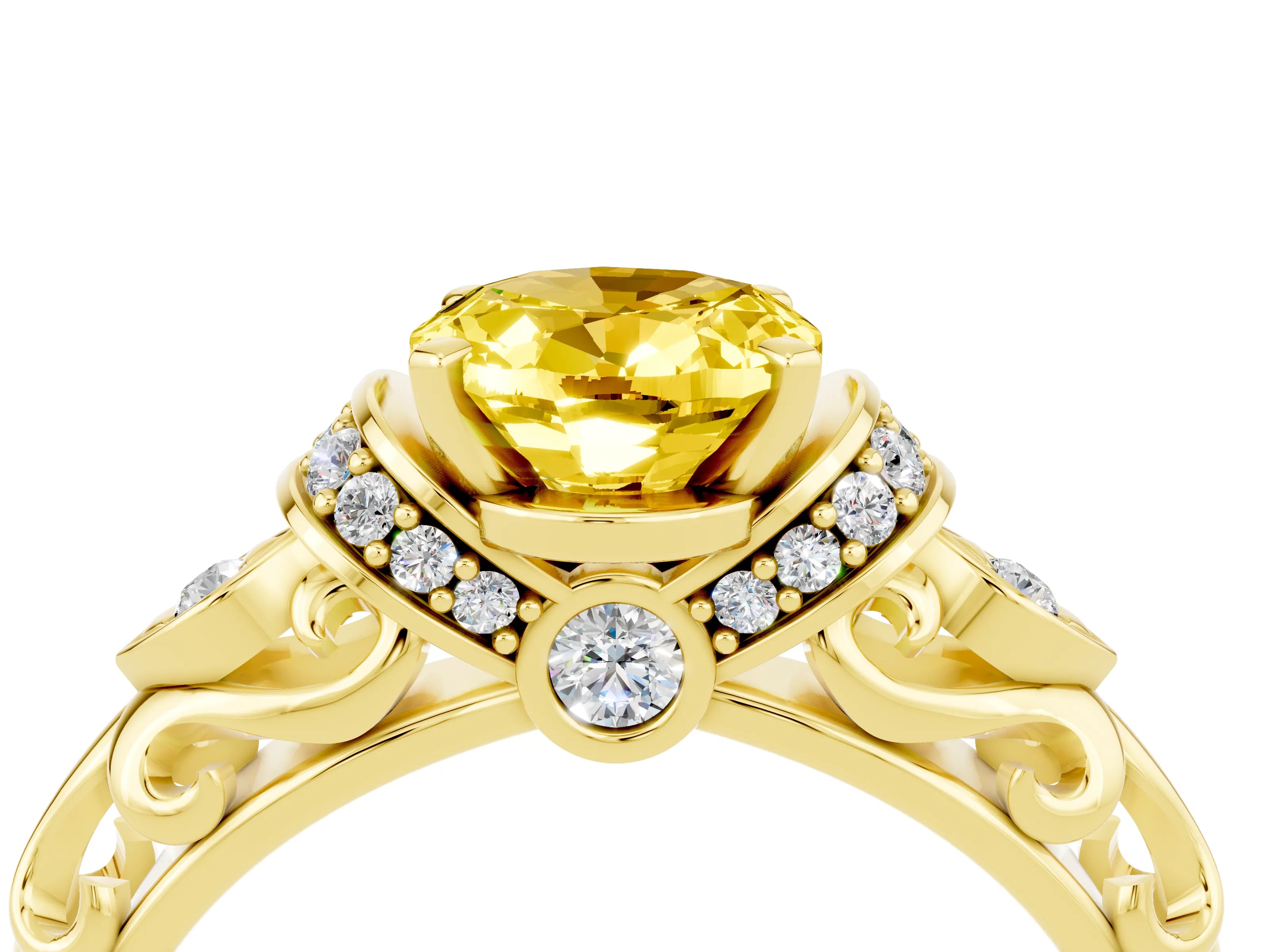 Yellow gold Oval Cut Yellow Sapphire Solitaire Ring with Filigree Band and Four-Prong Setting_52