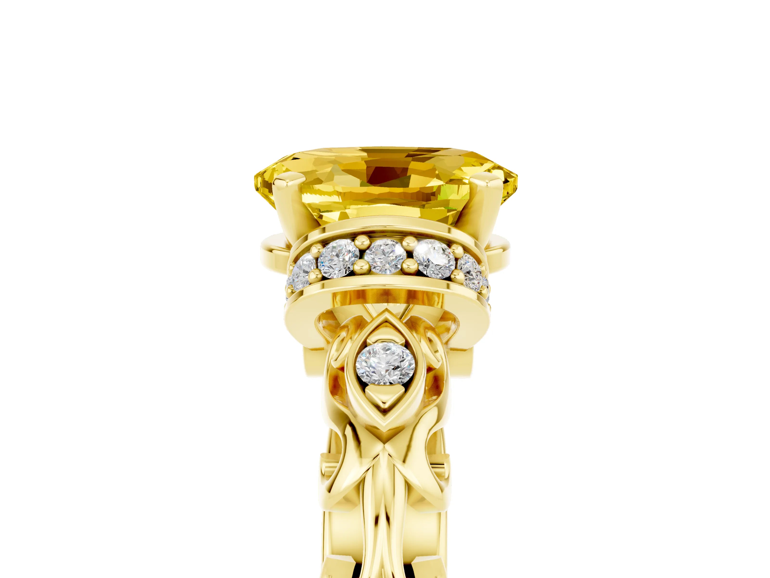 Yellow gold Oval Cut Yellow Sapphire Solitaire Ring with Filigree Band and Four-Prong Setting_53