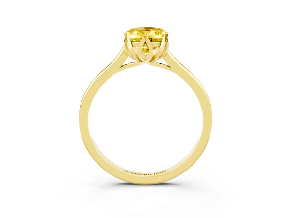 Yellow gold Oval Cut Yellow Sapphire Solitaire Ring with Flower Prong Setting and Classic Band