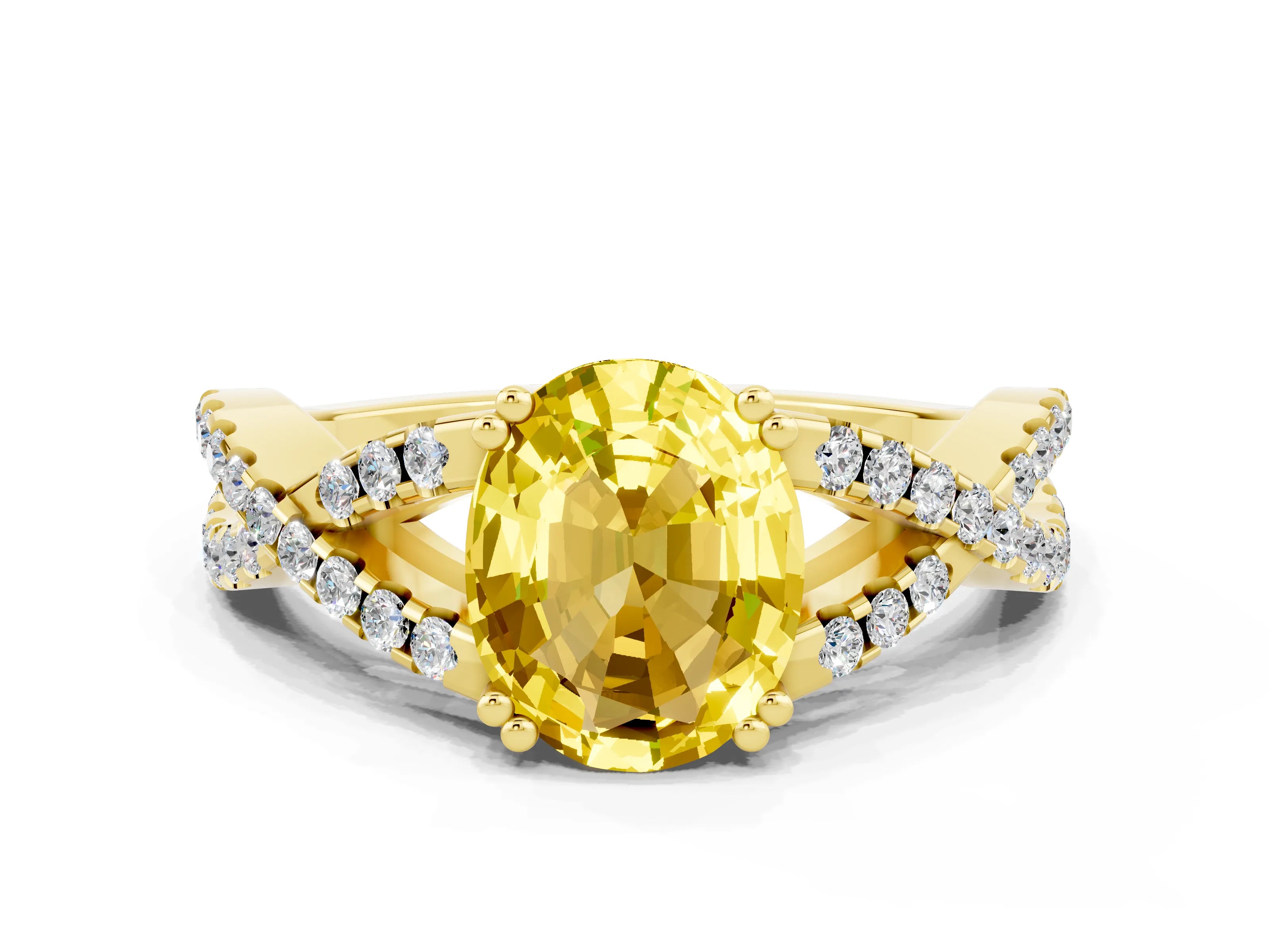 Yellow gold Oval Cut Yellow Sapphire Solitaire Ring with Four-Prong Setting and Twisted Pavé Band_12
