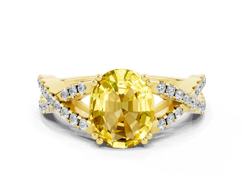 Yellow gold Oval Cut Yellow Sapphire Solitaire Ring with Four-Prong Setting and Twisted Pavé Band_12