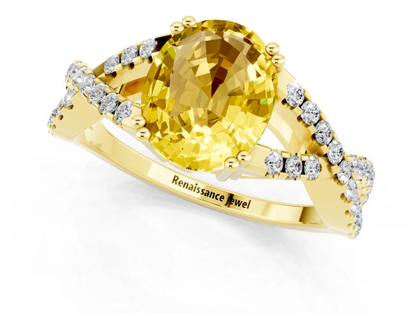 Yellow gold Oval Cut Yellow Sapphire Solitaire Ring with Four-Prong Setting and Twisted Pavé Band