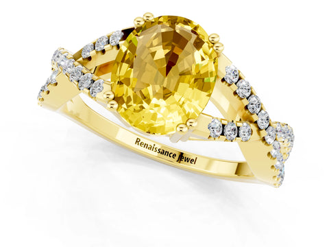 Yellow gold Oval Cut Yellow Sapphire Solitaire Ring with Four-Prong Setting and Twisted Pavé Band_13