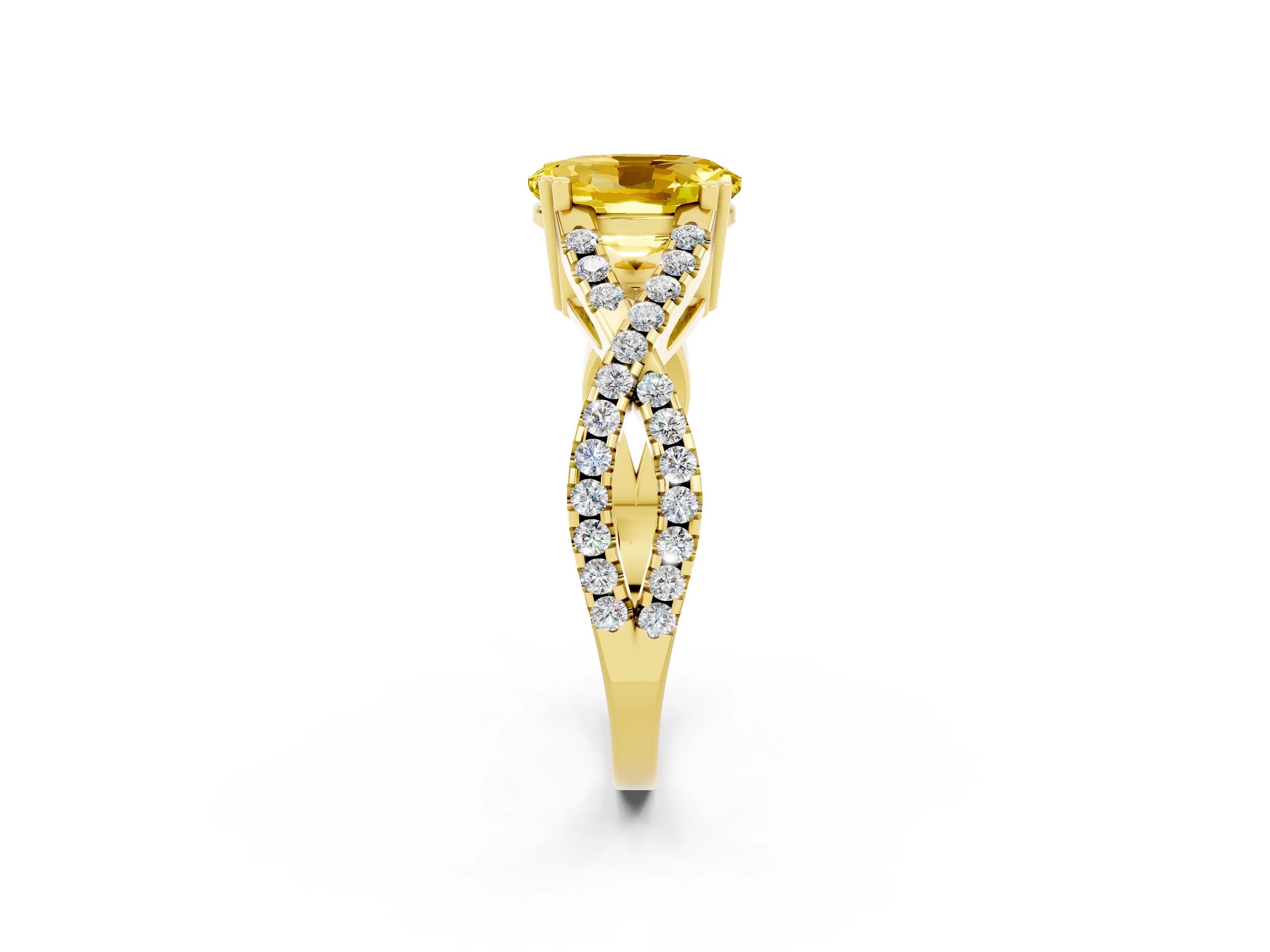 Yellow gold Oval Cut Yellow Sapphire Solitaire Ring with Four-Prong Setting and Twisted Pavé Band_14