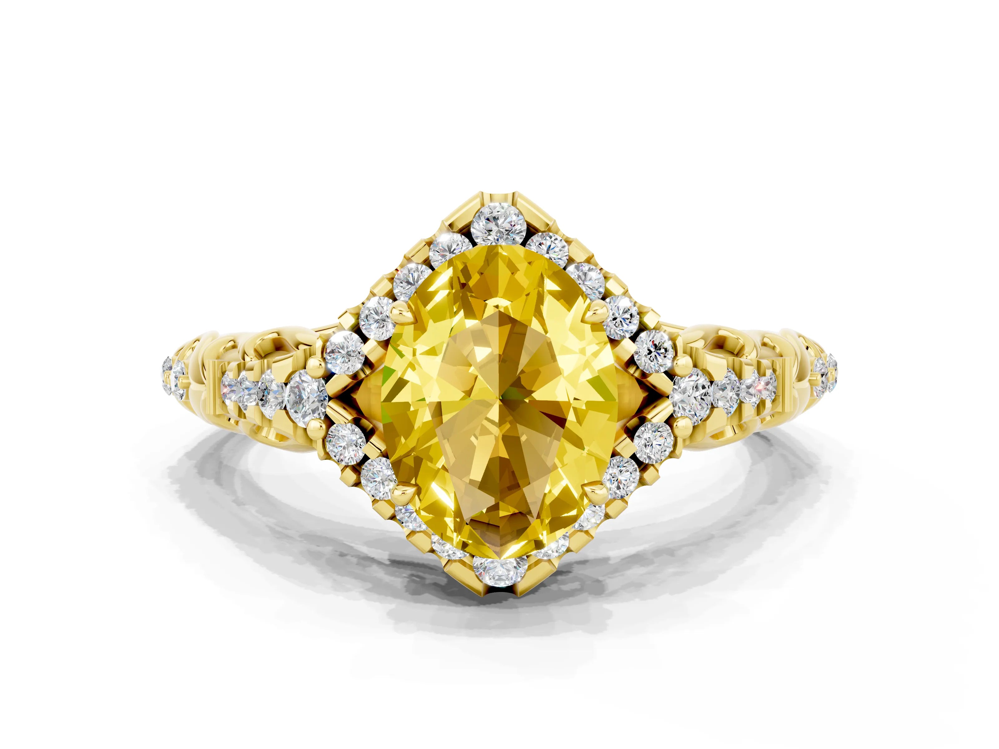 Yellow gold Oval Cut Yellow Sapphire Solitaire Ring with Hidden Halo and Pavé Band_12
