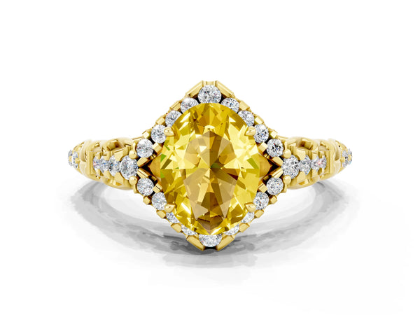Yellow gold Oval Cut Yellow Sapphire Solitaire Ring with Hidden Halo and Pavé Band