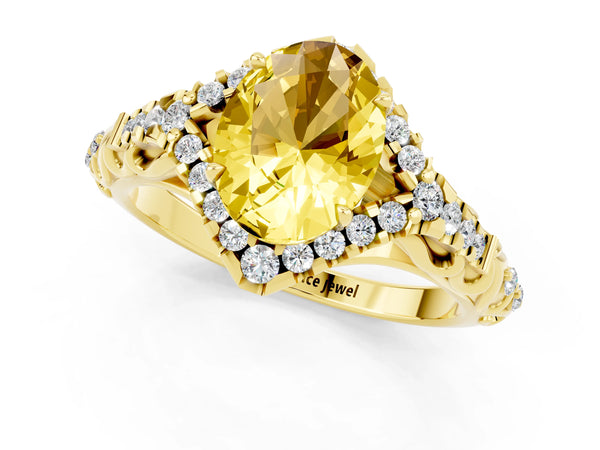Yellow gold Oval Cut Yellow Sapphire Solitaire Ring with Hidden Halo and Pavé Band