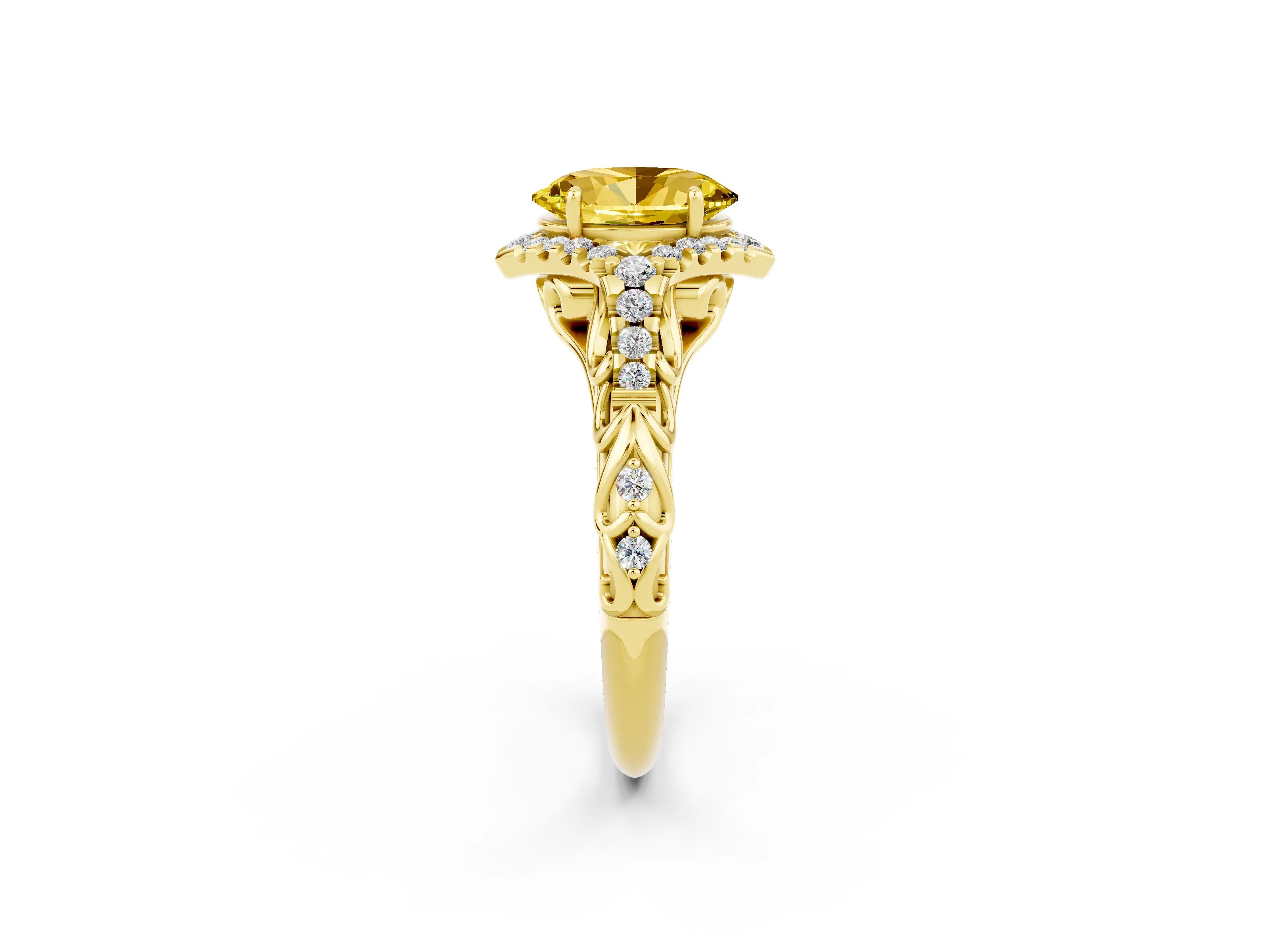 Yellow gold Oval Cut Yellow Sapphire Solitaire Ring with Hidden Halo and Pavé Band_14