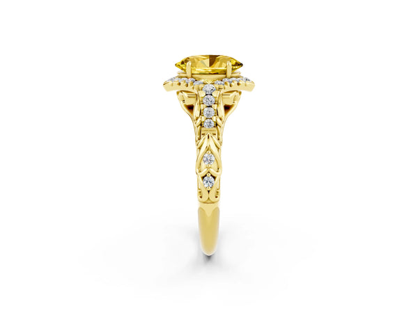 Yellow gold Oval Cut Yellow Sapphire Solitaire Ring with Hidden Halo and Pavé Band