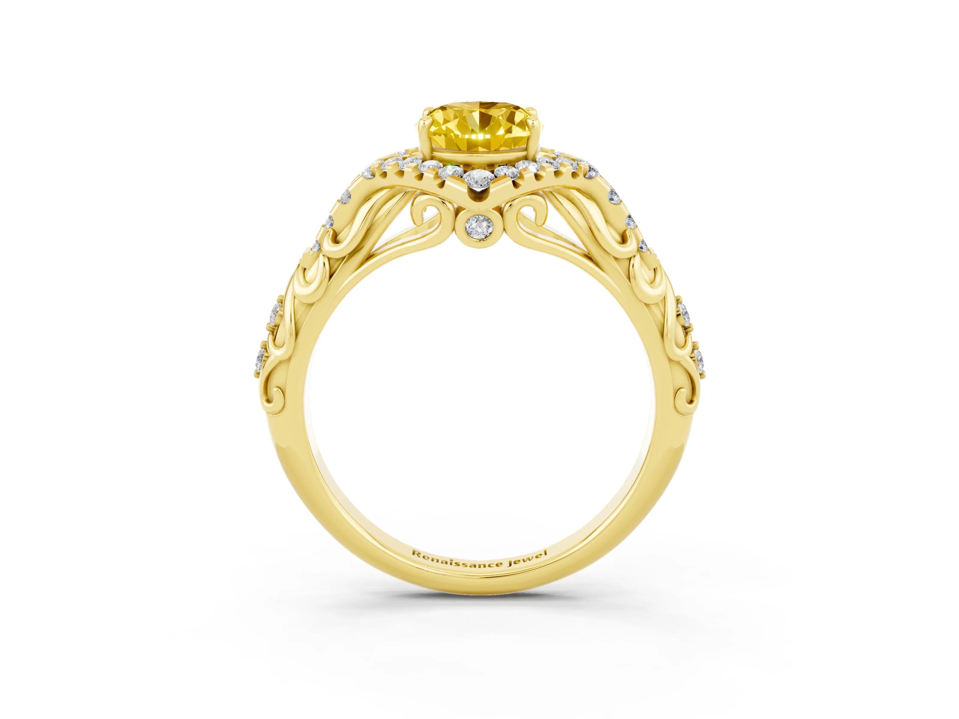 Yellow gold Oval Cut Yellow Sapphire Solitaire Ring with Hidden Halo and Pavé Band_15