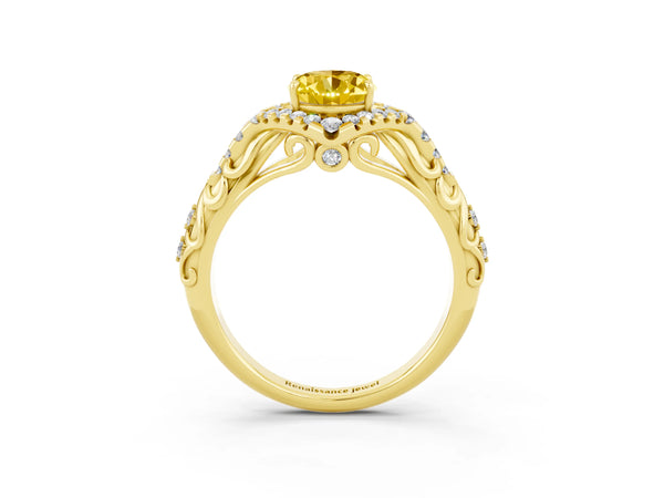 Yellow gold Oval Cut Yellow Sapphire Solitaire Ring with Hidden Halo and Pavé Band