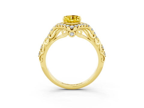 Yellow gold Oval Cut Yellow Sapphire Solitaire Ring with Hidden Halo and Pavé Band_15