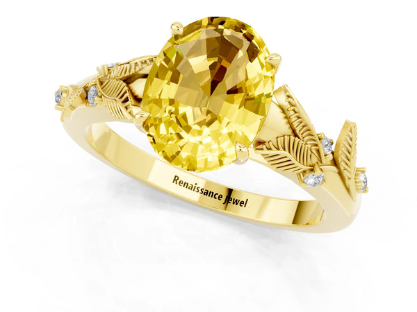 Yellow gold Oval Cut Yellow Sapphire Solitaire Ring with Leaf Motif Band and Four-Prong Setting