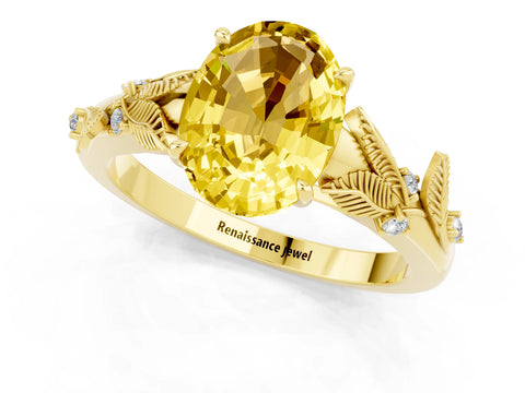 Yellow gold Oval Cut Yellow Sapphire Solitaire Ring with Leaf Motif Band and Four-Prong Setting_1