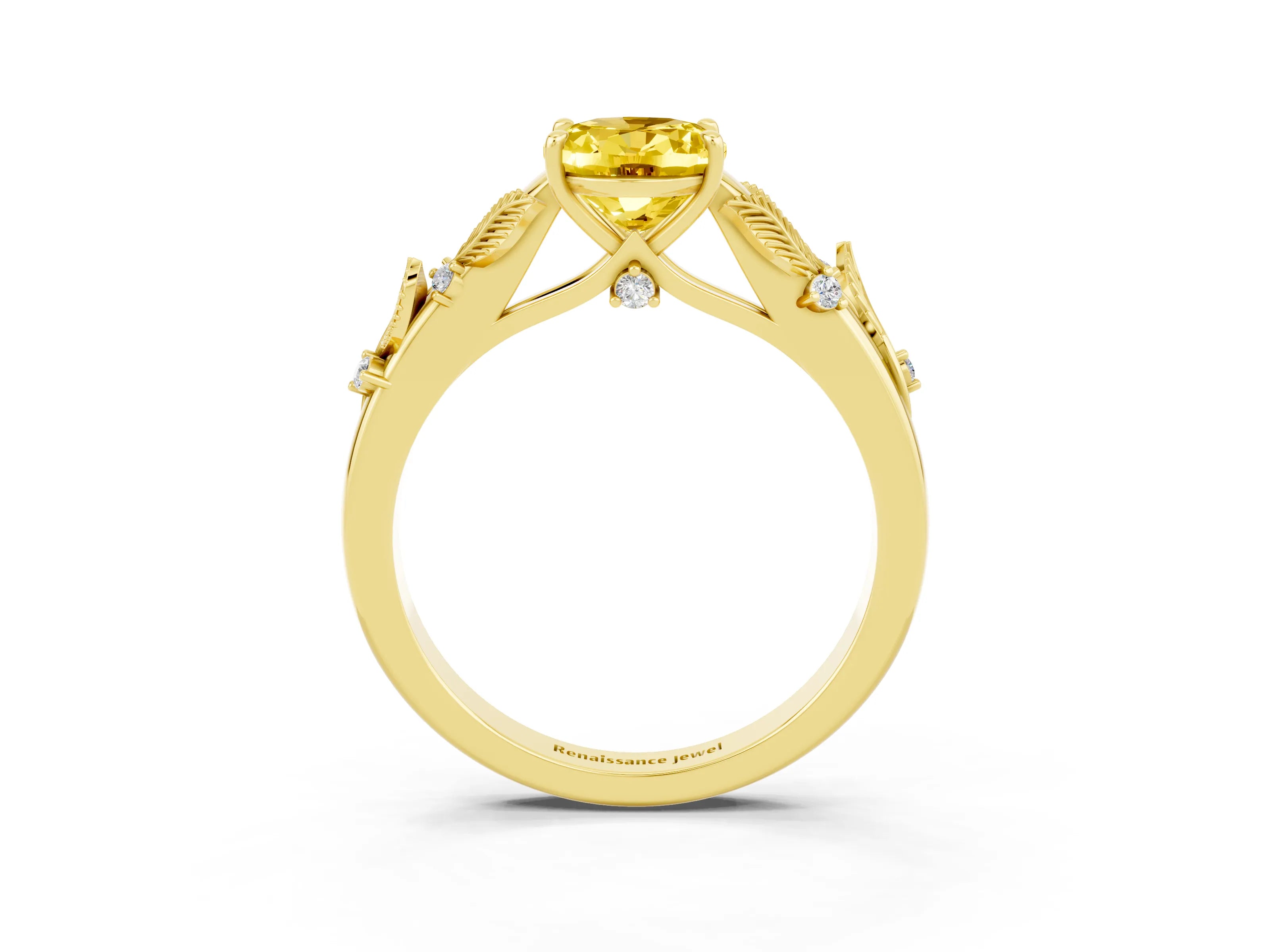 Yellow gold Oval Cut Yellow Sapphire Solitaire Ring with Leaf Motif Band and Four-Prong Setting_3