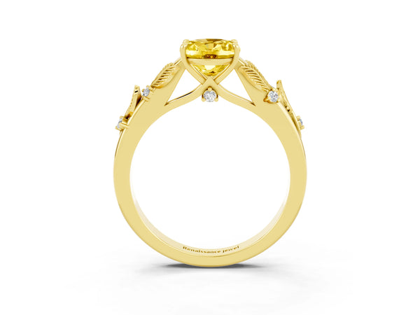 Yellow gold Oval Cut Yellow Sapphire Solitaire Ring with Leaf Motif Band and Four-Prong Setting