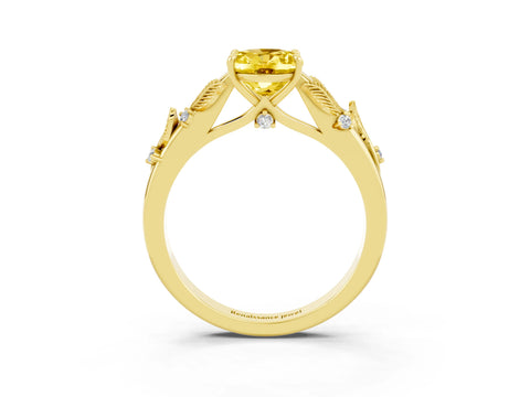 Yellow gold Oval Cut Yellow Sapphire Solitaire Ring with Leaf Motif Band and Four-Prong Setting_3
