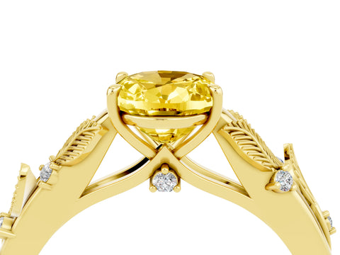Yellow gold Oval Cut Yellow Sapphire Solitaire Ring with Leaf Motif Band and Four-Prong Setting_4