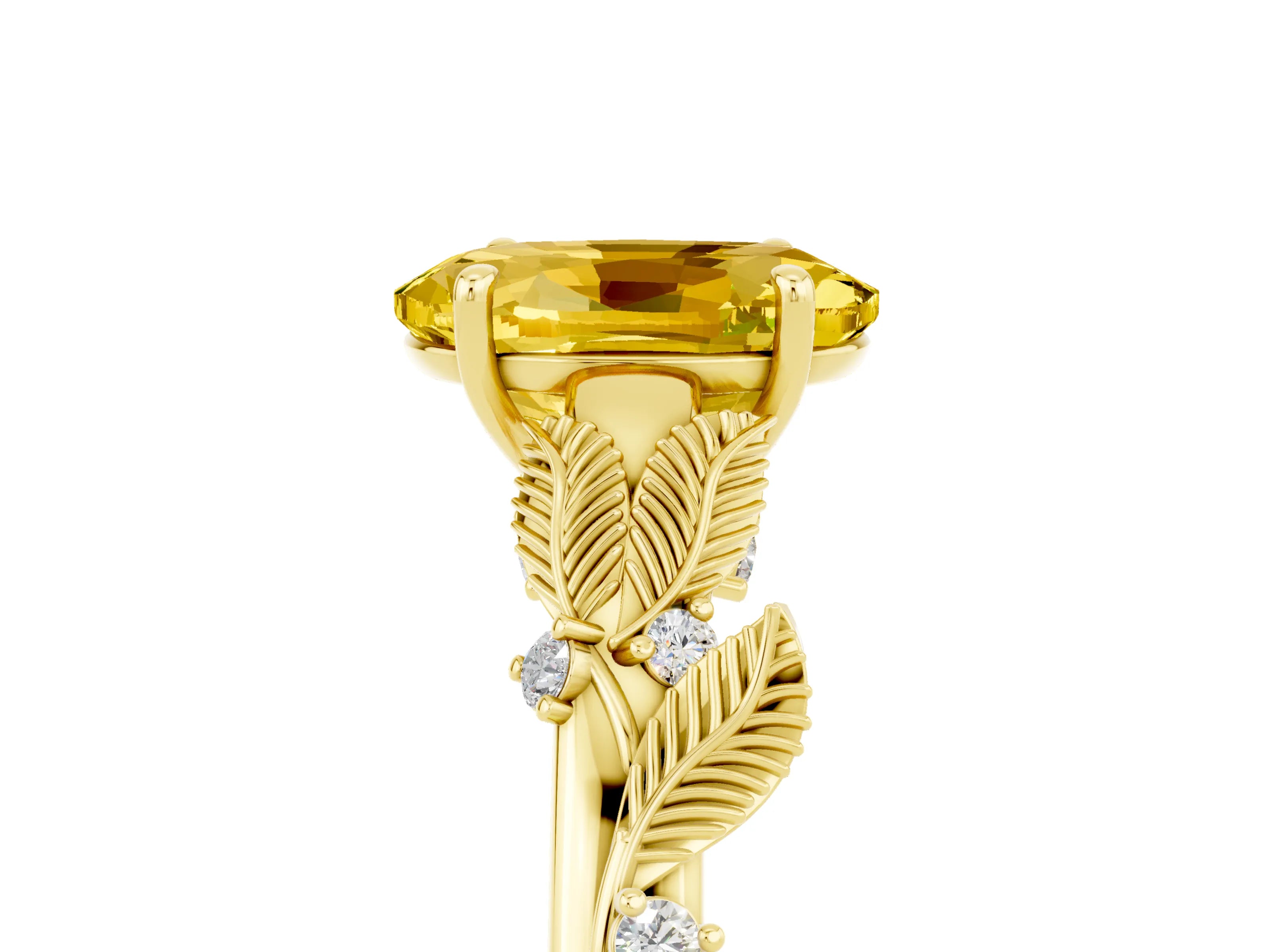 Yellow gold Oval Cut Yellow Sapphire Solitaire Ring with Leaf Motif Band and Four-Prong Setting_5