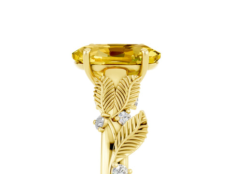 Yellow gold Oval Cut Yellow Sapphire Solitaire Ring with Leaf Motif Band and Four-Prong Setting_5