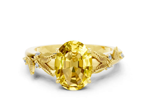 Yellow gold Oval Cut Yellow Sapphire Solitaire Ring with Leaf Motif Band and Four-Prong Setting