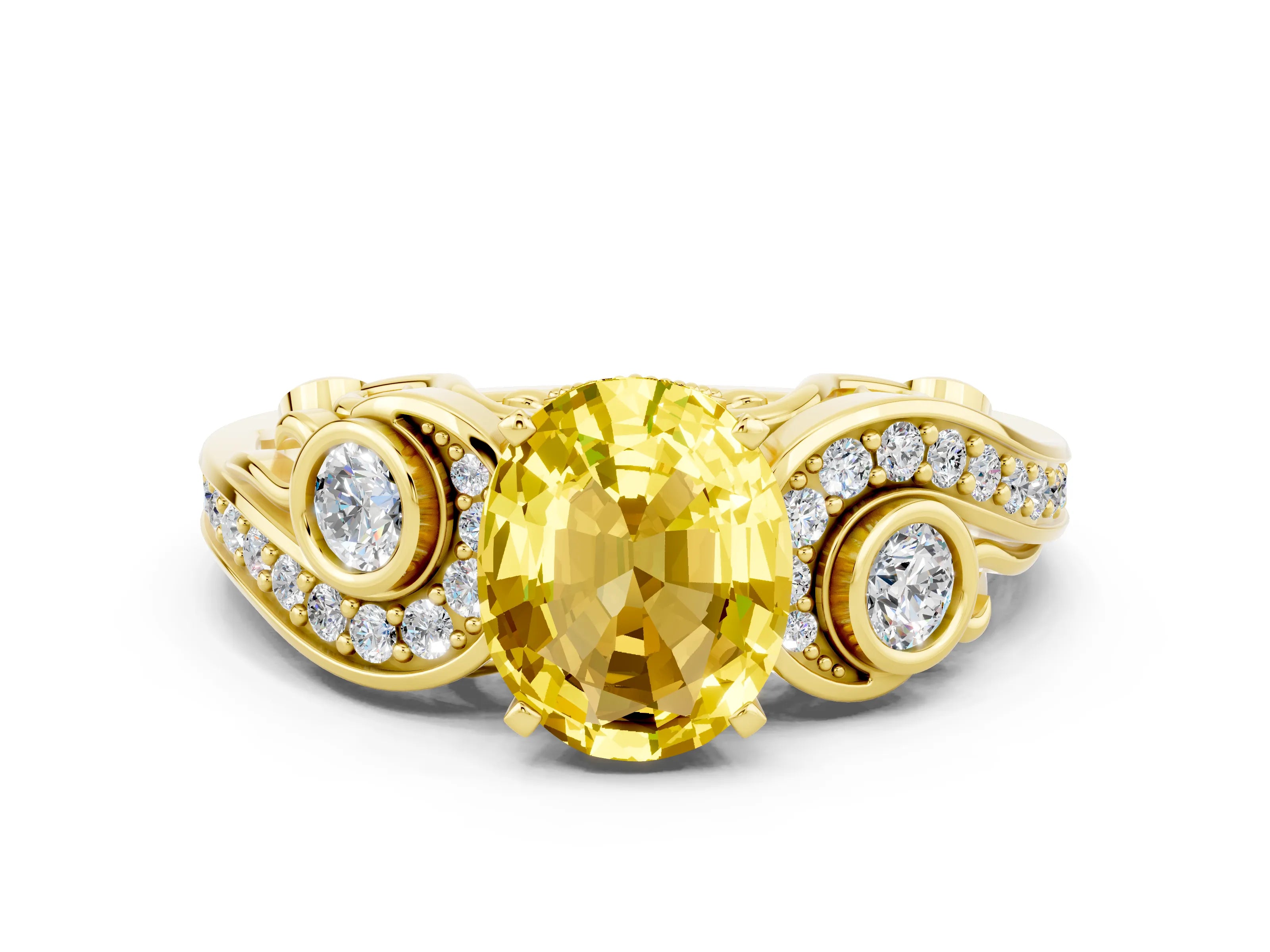 Yellow gold Oval Cut Yellow Sapphire Solitaire Ring with Milgrain Pavé Band and Four-Prong Setting_24