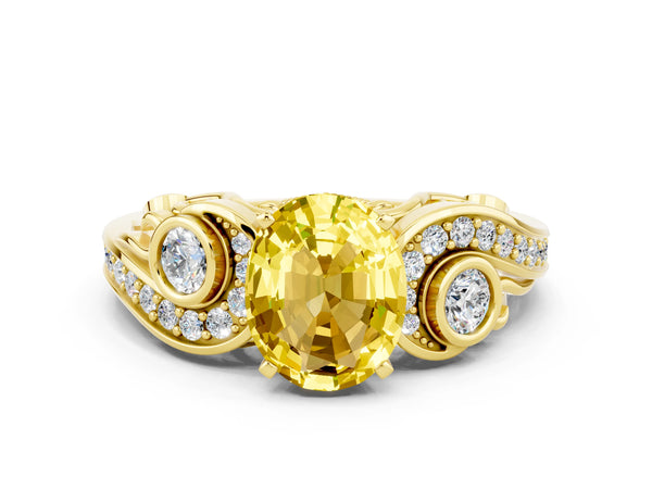 Yellow gold Oval Cut Yellow Sapphire Solitaire Ring with Milgrain Pavé Band and Four-Prong Setting