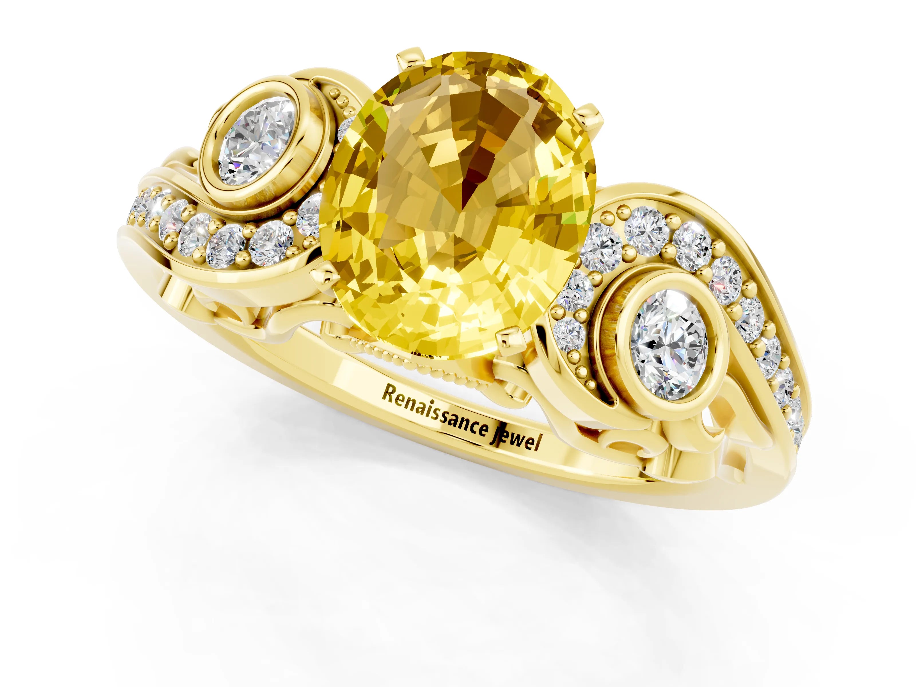 Yellow gold Oval Cut Yellow Sapphire Solitaire Ring with Milgrain Pavé Band and Four-Prong Setting_25