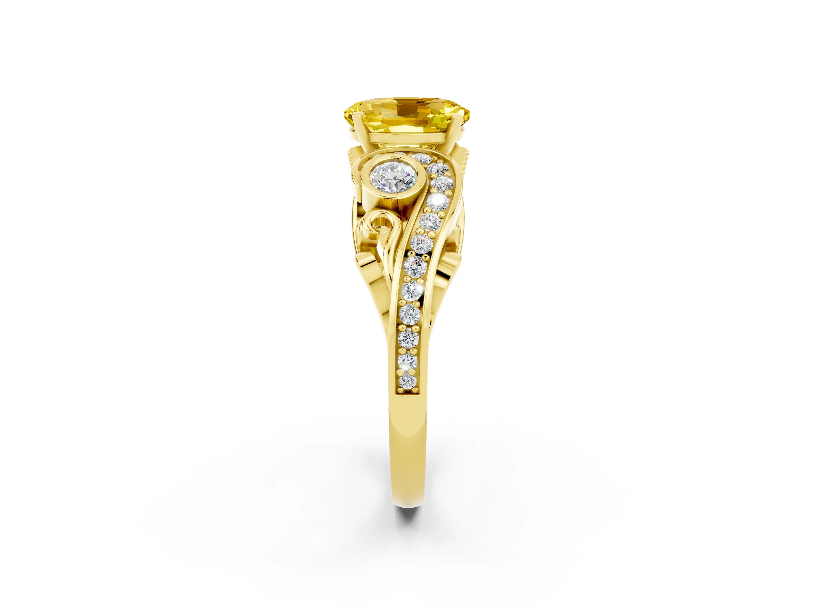 Yellow gold Oval Cut Yellow Sapphire Solitaire Ring with Milgrain Pavé Band and Four-Prong Setting_26