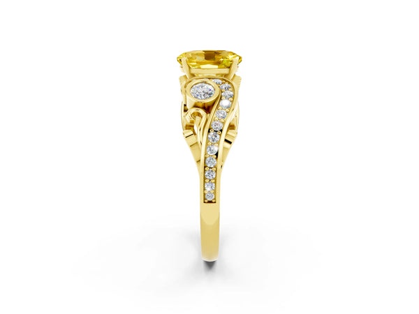 Yellow gold Oval Cut Yellow Sapphire Solitaire Ring with Milgrain Pavé Band and Four-Prong Setting