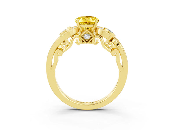 Yellow gold Oval Cut Yellow Sapphire Solitaire Ring with Milgrain Pavé Band and Four-Prong Setting