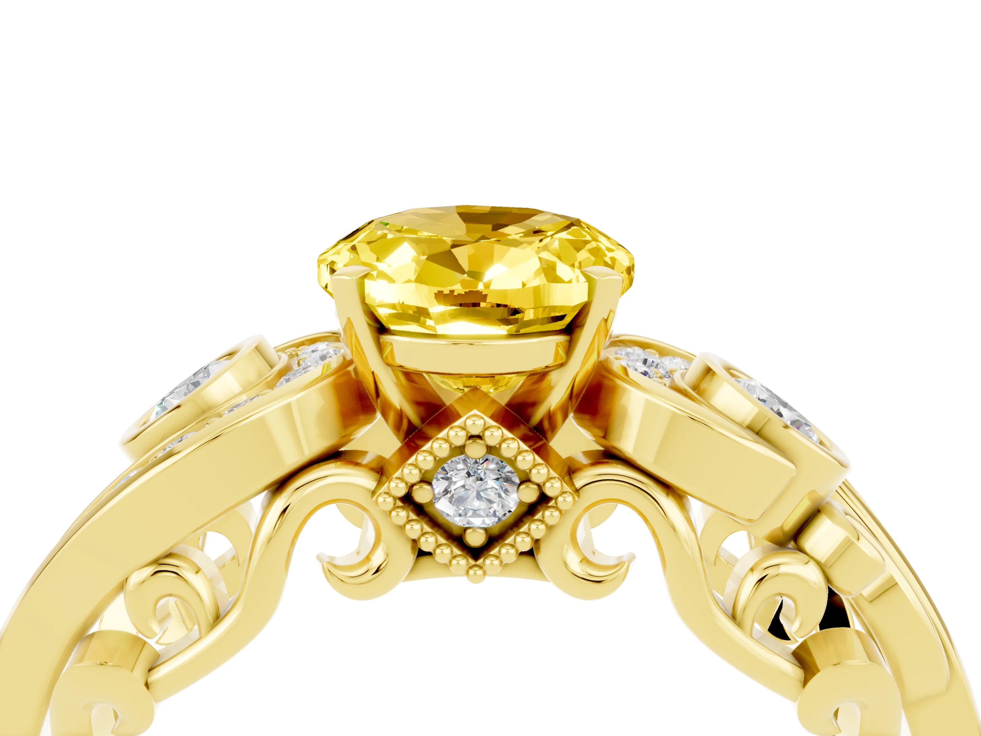 Yellow gold Oval Cut Yellow Sapphire Solitaire Ring with Milgrain Pavé Band and Four-Prong Setting_28