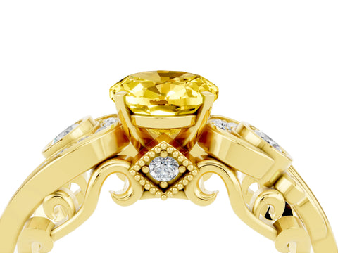 Yellow gold Oval Cut Yellow Sapphire Solitaire Ring with Milgrain Pavé Band and Four-Prong Setting_28