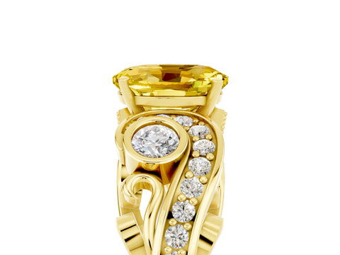 Yellow gold Oval Cut Yellow Sapphire Solitaire Ring with Milgrain Pavé Band and Four-Prong Setting_29