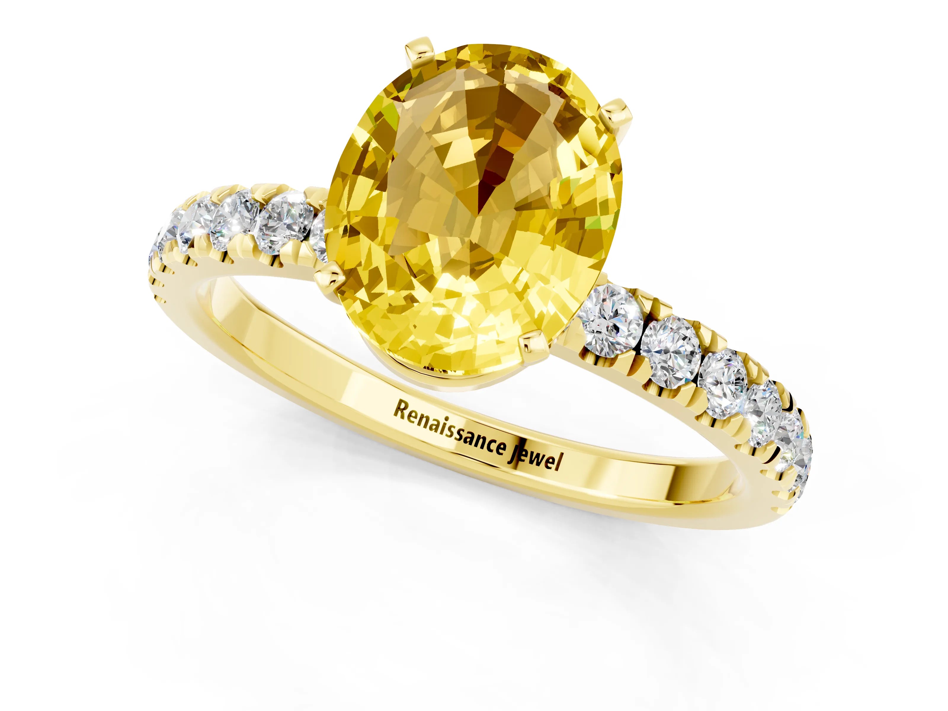 Yellow gold Oval Cut Yellow Sapphire Solitaire Ring with Pavé Accents and Four-Prong Setting_25