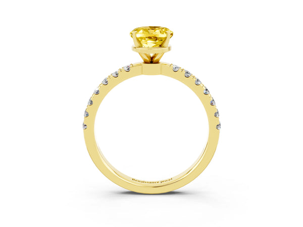 Yellow gold Oval Cut Yellow Sapphire Solitaire Ring with Pavé Accents and Four-Prong Setting